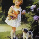 VINTAGE CHILD ANTIQUE DOLL PUPPY GARDEN CANVAS PRINT