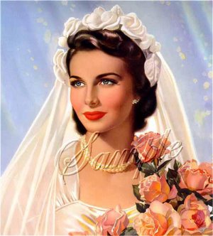 VINTAGE BRIDE ROSE BOUQUET PIN UP GIRL CANVAS ART PRINT