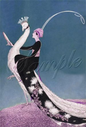 ART DECO LADY RIDING WHITE PEACOCK CANVAS ART PRINT BIG