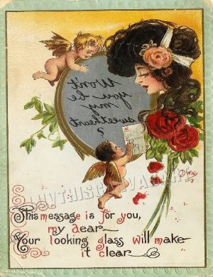 VICTORIAN VALENTINE CARD CUPID REFLECTION CANVAS  PRINT