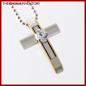 STAINLESS STEEL CZ TWO TONE CROSS PENDANT P1322