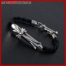 925 STERLING SILVER CROSS TAG LEATHER BRACELET SIL1702