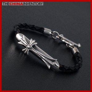 925 STERLING SILVER CROSS TAG LEATHER BRACELET SIL1702