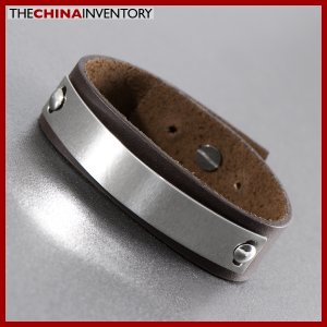 STAINLESS STEEL BROWN LEATHER BANGLE BRACELET B1108