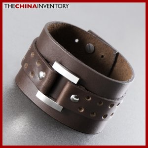 9"" BROWN LEATHER STAINLESS STEEL BANGLE BRACELET B1220