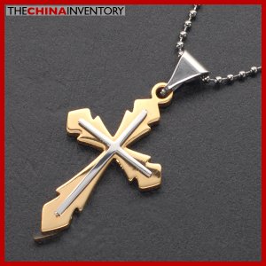 STAINLESS STEEL GOLD TONE DOUBLE CROSS PENDANT P1611B