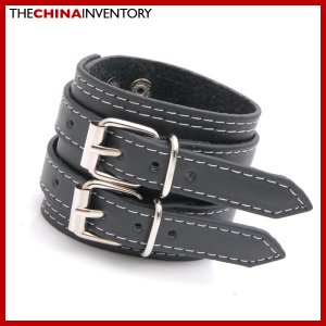 BLACK LEATHER DOUBLE BUCKLE BRACELET BANGLE B3803A