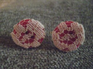 Beige Lace And Red Button Earrings