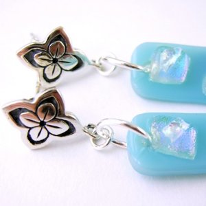 Abstract Blue Fused Glass Thai Silver Dangle Earrings
