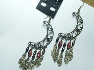 Copper tone moon style earring with brown dangle bead