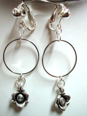 Rose flower charm circle hoop kid girl clip on earring