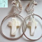 Religious Mother of pearl cross hoop clip on earring for woman