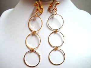 3.5" Triple golden hoop dangle clip on earring