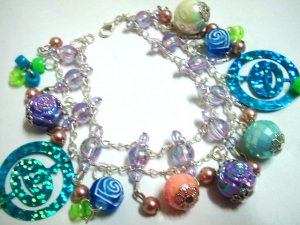 Smiling face faux pearl rose bead bracelet up to 9"