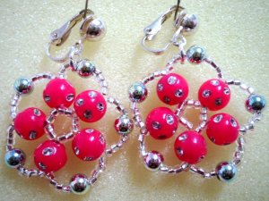 Rose red crystal silver flower dangle clip on earring