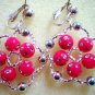 Rose red crystal silver flower dangle clip on earring