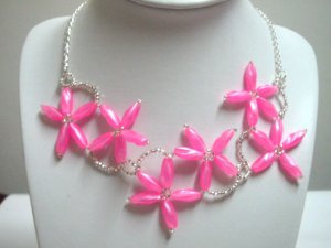 Handmade pink beaded flower bib statement necklace