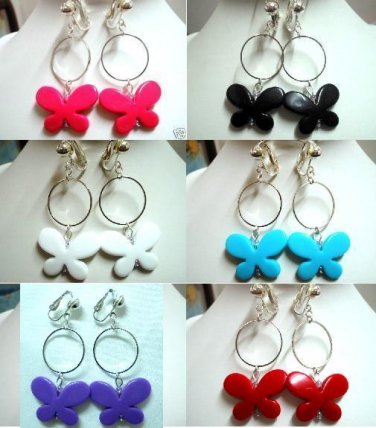 Handmade hoop circle butterfly dangle clip on earring