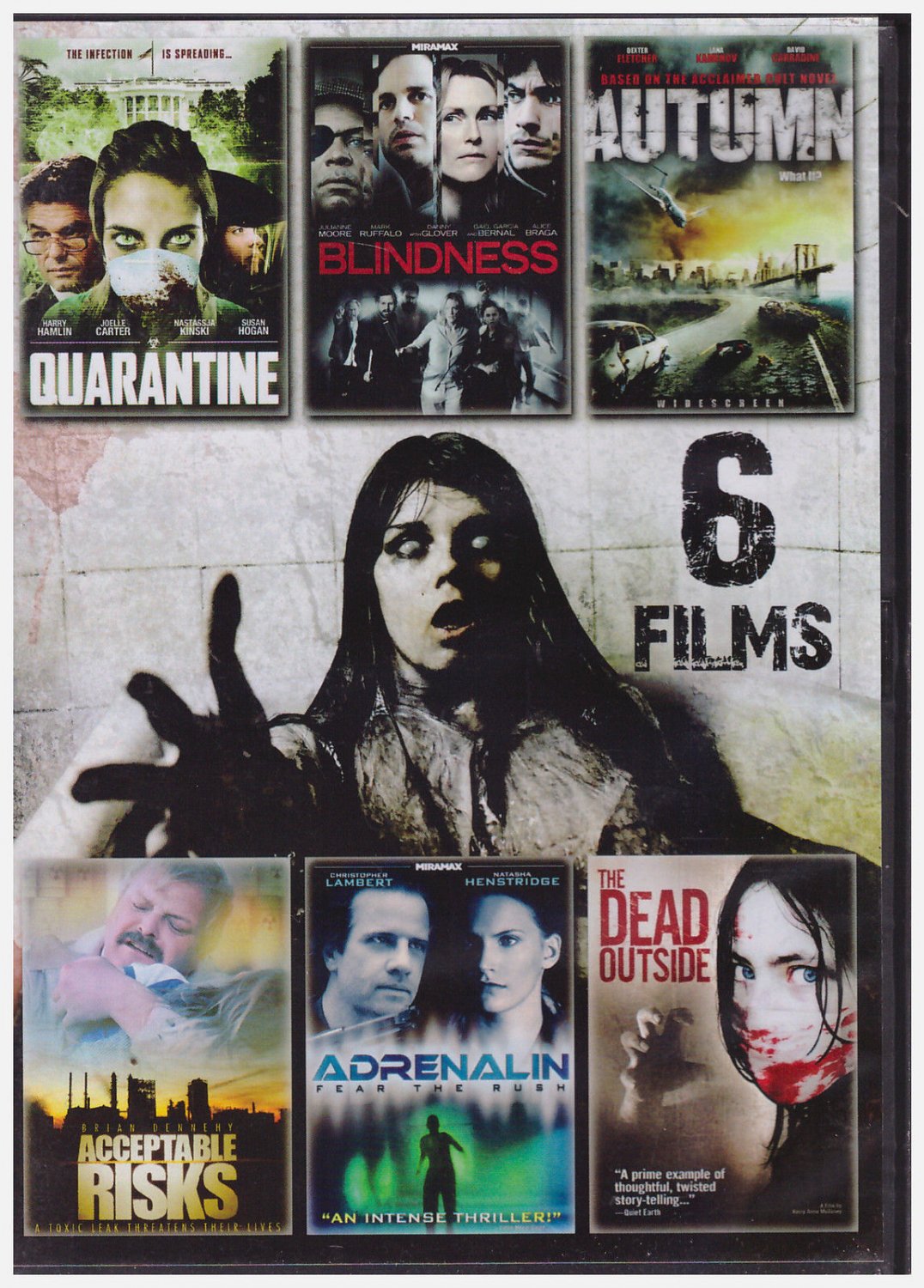6movie DVD Acceptable Risks,QUARANTINE,Dead Outside,BLINDNESS,AUTUMN,ADRENALIN