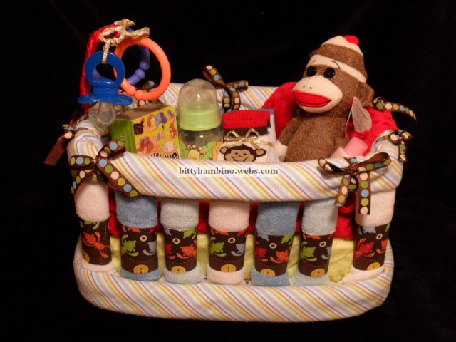 Sock Monkey Crib Washcloth And Diaper Cake