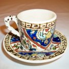 COLLECTIBLE DEMITASSE POTTERY HAND PAINTED CUP AND SAUCER
