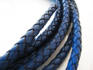 1 Yard of 6mm Dull Blue Round Braided Bolo Genuine Leather Cord