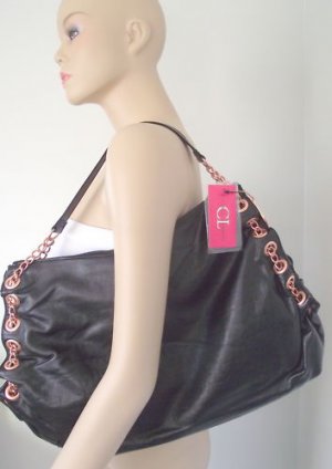 Black Large Handbag with Copper Tone Embroidery