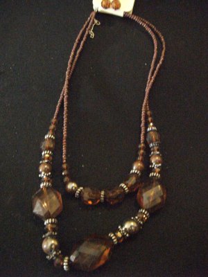 Brown Multi Stringed Bead Necklace and Earring Set