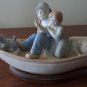 Meico Paul Sebastian Grandpa Boy Dog in Fishing Boat Porcelain Figurines no Pole