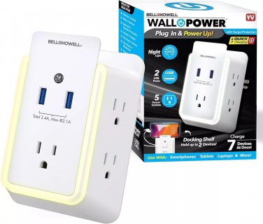 Bell+Howell Wall Power 7908 Surge Protector & Device Holder, 5 Outlets 2 USB Ports