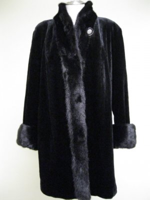 LADIES BLACK SHEARED US MINK STROLLER WITH LONG HAIR MINK TRIM - DND103 (SIZE XL)