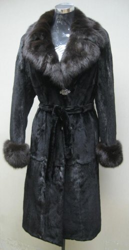 LADIES SHEARED BLACK MINK LONG COAT TRIM WITH SABLE COLLAR-55664/5(SZ 40 & 42)