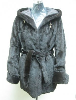 LADIES BROWN CHINA MINK SOS HOOD JACKET REVERSIBLE WOVEN FAB - 64152(SIZE 44=M)