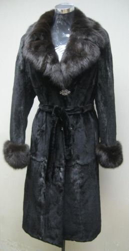 LADIES SHEARED BLK MINK LONG COAT TRIM WITH SABLE COLLAR-55664(SIZE40)
