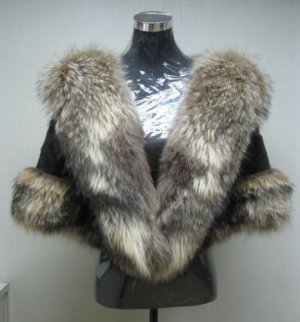 LADIES CLASSIC BROWN MINK CAPE TRIM WITH FINN RACCOON  - 67027 (SIZE F)