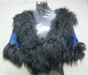 LADIES PRINTED BLUE REX CAPE TRIM WITH BLACK TIBET LAMB - 67018 (SZ F)