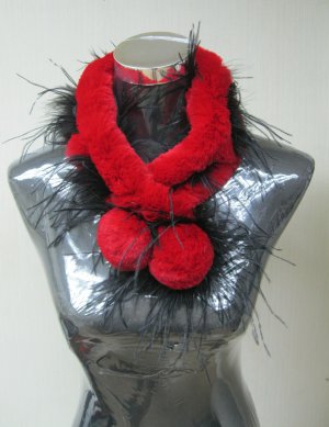 CUTE RED REX KNITTED SCARF TRIM WITH BLACK OSTRICH FEATHER- ST#K035