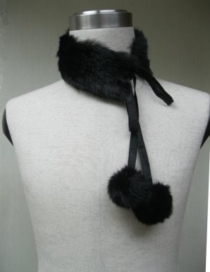 BLACK REX COLLAR SCARF WITH MATCHING SATIN STRIPE TRIM WITH POMPOM END