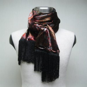 UNISEX ITALIAN PRINTED ART DECO SILK SCARF WITH BLACK FRINGE (C)-SIZE 60" X 12"