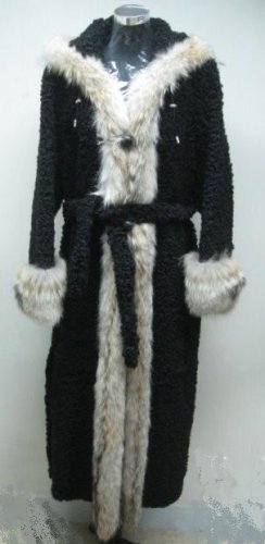 LADIES BLACK KARAKUL LAMB COAT FIXED HOOD TRIM WITH COYOTE - 62413 (SIZE 42)