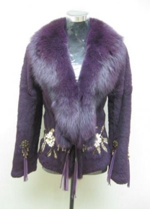 LADIES DYED PURPLE SHEARED REX JACKET TRIM WITH FOX (WE0737) SZ M