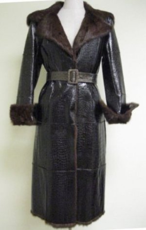 LADIES CHIC REX DK. BROWN PRINTED CROCODILE LEATHER OUT LONG COAT (BN4)sz S