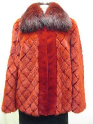 LADIES RED CHECK MINK JACKET TRIM WITH RACCOON COLLAR & CUFF-DND105(o) SZ10 = M