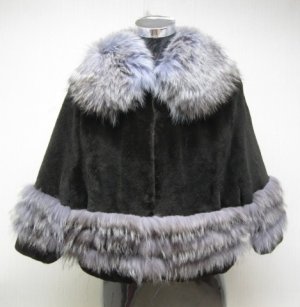 LADIES DK. GREEN SHEARED MINK CAPE TRIM WITH FOX  - 67117 ( SZ F)