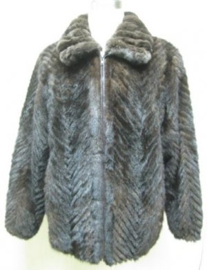 MENS DARK BROWN MINK TAIL CHERVON BOMBER JKT W/CHINCHILLA COLLAR-67114(SZ XL)