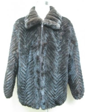 MENS BROWN MINK TAIL CHERVON ZIP UP BOMBER JKT TRIM W/CHINCHILLA - 67114(SZ XL)
