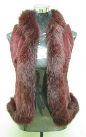 LADIES DYED BURGUNDY SHEARED REX VEST TRIM WITH FOX - HH33 (SIZE S)
