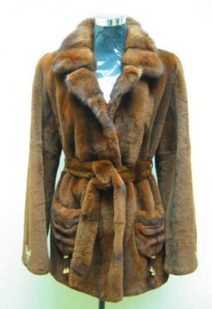 LADIES BROWN REX JACKET TRIM WITH MINK COLLAR (TS446 ) SZ 38 = M