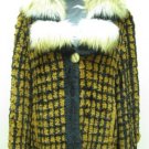LADIES KNITTED BLACK & YELLOW COLOR BLOCK JACKET TRIM WITH FOX TRIM(SZ F=M)HH-45