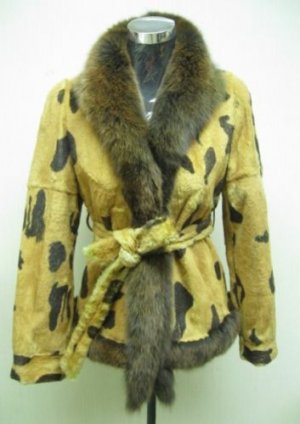 LADIES BROWN PRINTED REX RABBIT JACKET WITH FOX TRIM (HH04) SZ F = M